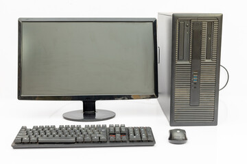 Desktop Computer Setup with Monitor, Keyboard, and Mouse. Front View.