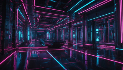 Wall Mural - Neon cyber world, Metaverse D rendering