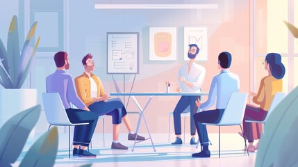 Wall Mural - a group of employees are sitting in a meeting and listening to what their boss is saying about business in the organization in the small meeting room, generative AI hyper realistic 