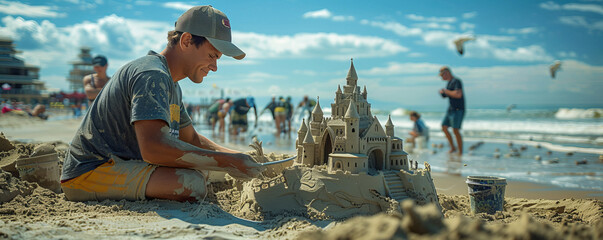 Wall Mural - An artist sculpting intricate sandcastle designs on a sandy beach, creating elaborate structures with buckets and shovels.