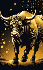 Wall Mural - bull financial bitcoin or crypto market concept in gold and black color with copyspace area.