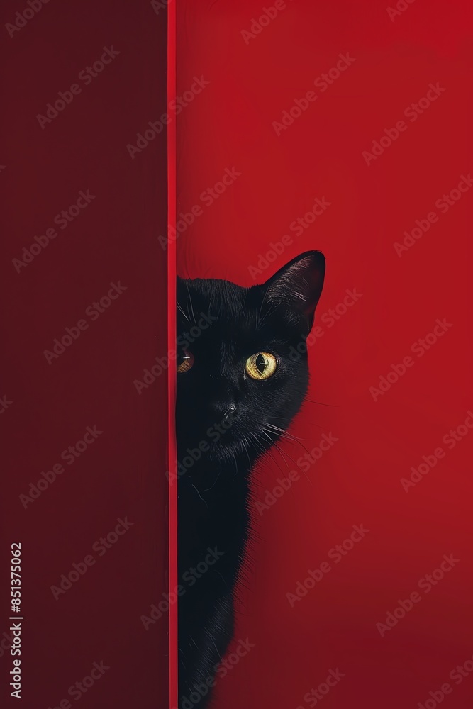 Black cat with green eyes peeking from behind a red wall with intense ...
