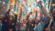 © Business Pics - Happy diverse employees team celebrating success business achievement among confetti. ai generative hyper realistic
