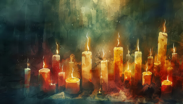 A painting of a candlelit table with five candles