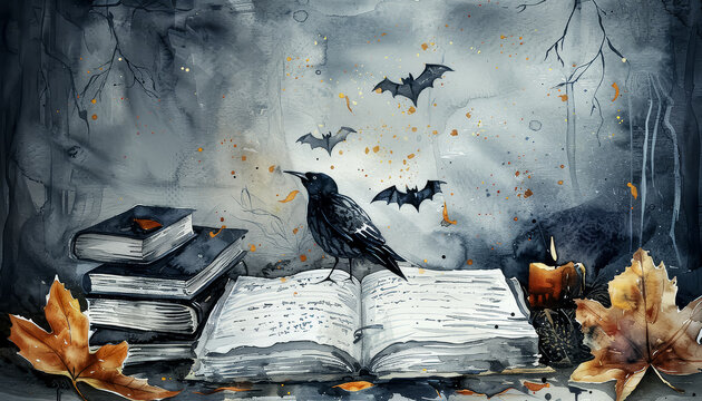 A book is open to a page with a crow and bats on it