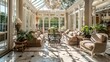 © Sana - A sunroom with a luxurious feel, featuring plush seating, a glass chandelier, and sunlight illuminating the elegant decor