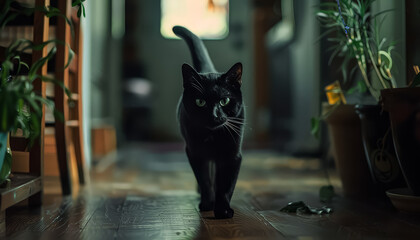 Wall Mural - A black cat walks on a brick sidewalk in autumn