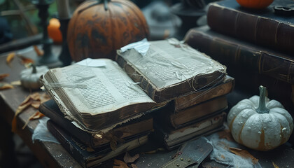 Wall Mural - An open book with a blue cover and yellow leaves on the table