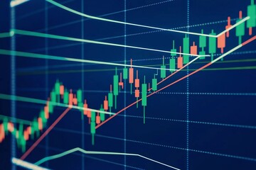 Closeup illustration of an uptrend candlestick chart on a blue monitor background, showcasing green and red patterns with detailed market movements