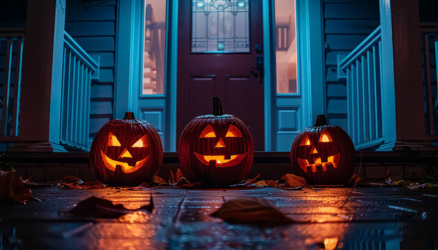 A row of pumpkins are lined up on a porch