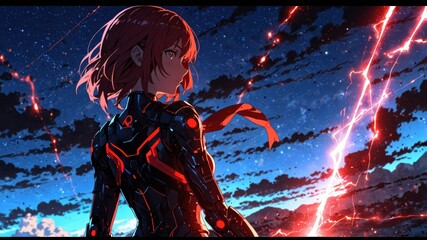 Wall Mural - A strong female warrior in futuristic armor with majestic red lightnings in her surroundings.