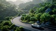 © Business Pics - EV (Electric Vehicle) electric car is driving on a winding road that runs through a verdant forest and mountains hyper realistic