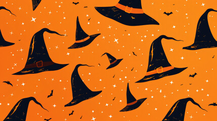 Wall Mural - minimalist background featuring stylised witch hats scattered across an orange background, using simple shapes and lines to evoke the Halloween theme