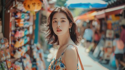 Wall Mural - A beautiful Korean girl, wearing a chic summer dress, exploring a vibrant street market, emphasizing her fashionable and lively appearance. 