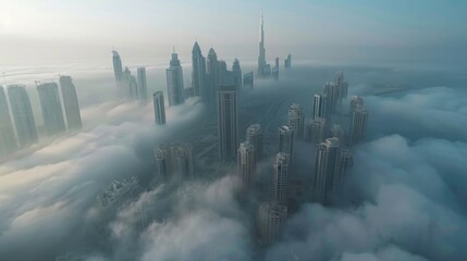 City Skyline Fog. Impressive Aerial Top View of Dubai Marina on a Foggy Day