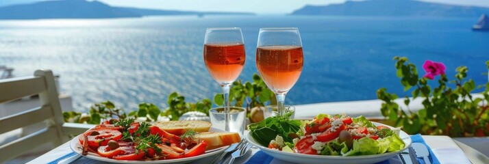 Greek Table. Delicious Greek Salad and Wine on A Terrace Overlooking the Sea