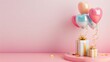 © Divine123victory - Birthday celebration background with heart shape balloon and gift box on podium. Concept for birthday wish card, birthday greeting card, birthday invitation card. Pink color birthday background