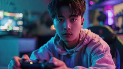 A handsome, cute, Korean young man featuring a gaming controller, showcasing competitive gaming in an immersive setup, emphasizing his focused and playful personality. -