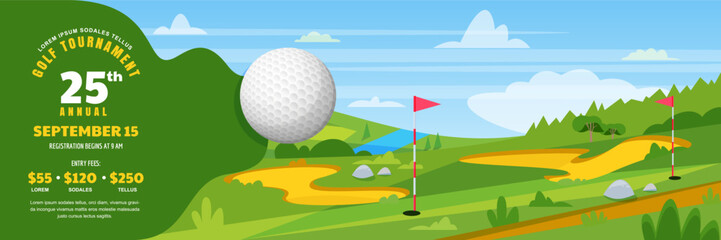 Flying golf ball on green golf course background. Banner, poster, flyer design template. Spring or summer hills landscape with flags on lawn. Vector flat cartoon outdoor sport illustration