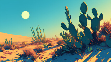 Sticker - desert overgrown with various cacti with lofi style background