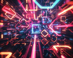 Wall Mural - Vibrant neon glowing geometric shapes in a futuristic technology theme, abstract digital art background