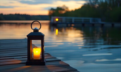 Wall Mural - A lit lantern is placed on a wooden dock near a lake lantern is glowing yellow, Generative AI