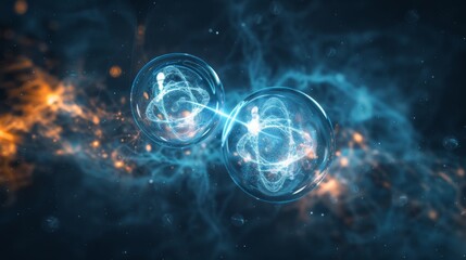 Abstract background of two entangled particles with glowing energy fields in a cosmic setting