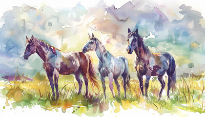 Wall Mural - A group of horses are grazing in a field