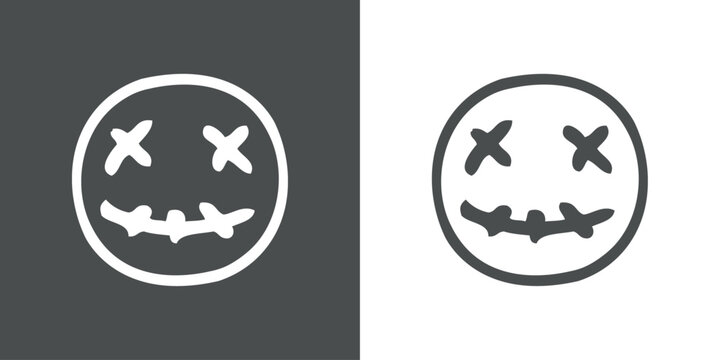 Logo con emoticono de zombi alegre para invitaciones y tarjetas de Halloween. Cara de zombi con expresión alegre como personaje emoji