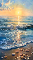 Wall Mural - A painting of shells on the beach at sunset.