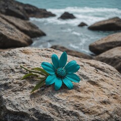 Wall Mural - A single turquoise flower on a rock by the beach.