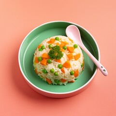 Delicious healthy vegetable basmati rice on coral colour background