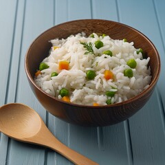 Delicious healthy vegetable basmati rice on blue wooden background