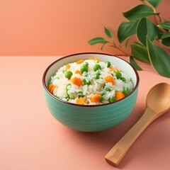 Delicious healthy vegetable basmati rice on coral colour background