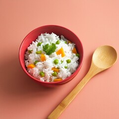 Delicious healthy vegetable basmati rice on coral colour background