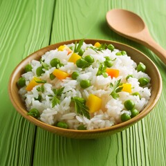 Delicious healthy vegetable basmati rice on green wooden background