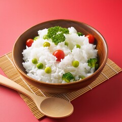 Poster - Delicious healthy vegetable basmati rice on red background