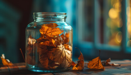 Wall Mural - A glass jar filled with autumn leaves