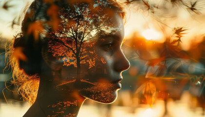 Wall Mural - A woman's face is shown in a tree-like pattern, with the sun shining on her