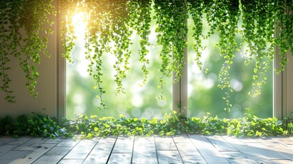 Sunlight shining through window with plants growing on wooden floor