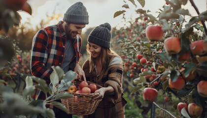 Wall Mural - A man and a woman are picking apples in a field