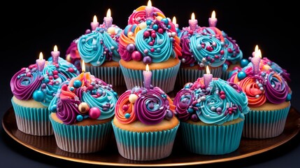 Wall Mural - Colorful birthday cupcakes with festive decorations and candles
