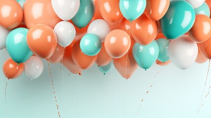 Coral, orange and turquoise balloons floating in celebration. Vibrant birthday party background


