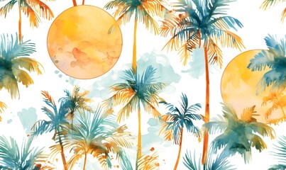Wall Mural - Summer tropical palm trees and sun on white background, Generative AI