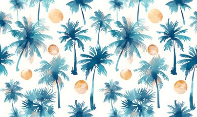 Canvas Print - Summer tropical palm trees and sun on white background, Generative AI