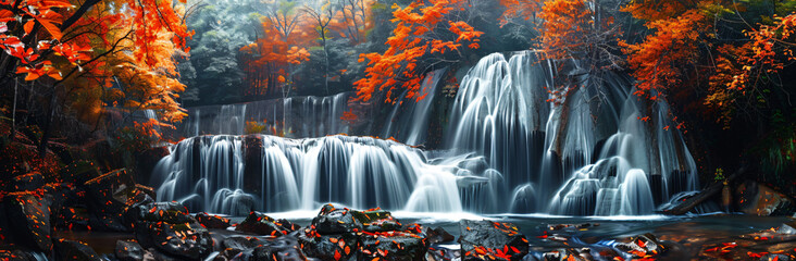 Wall Mural - panoramic view of a beautiful waterfall in colorful autumn