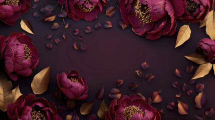Wall Mural - 3D Beautiful spring burgundy peony flower with golden leavs on decorative burgundy background as wallpaper illustration with copy space, Elegant Burgundy Gold Peony Flower Frame	