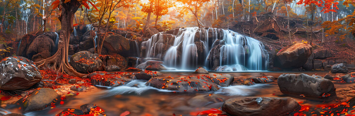Wall Mural - panoramic view of a beautiful waterfall in colorful autumn