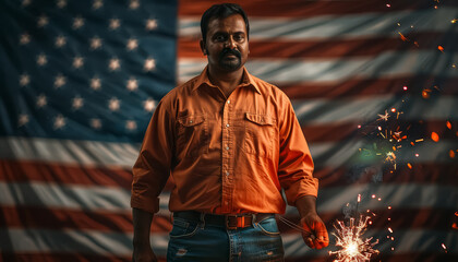 Wall Mural - Indian man in an orange shirt stands in front of an American flag