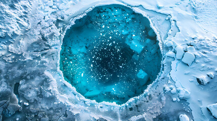 Aerial view of ice cave in the snow